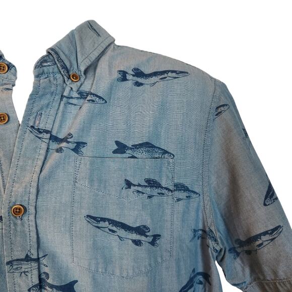 Chevignon Shirt Short Sleeve Mens Large Slim Fit Blue Fish Print Buttonup - Picture 6 of 9